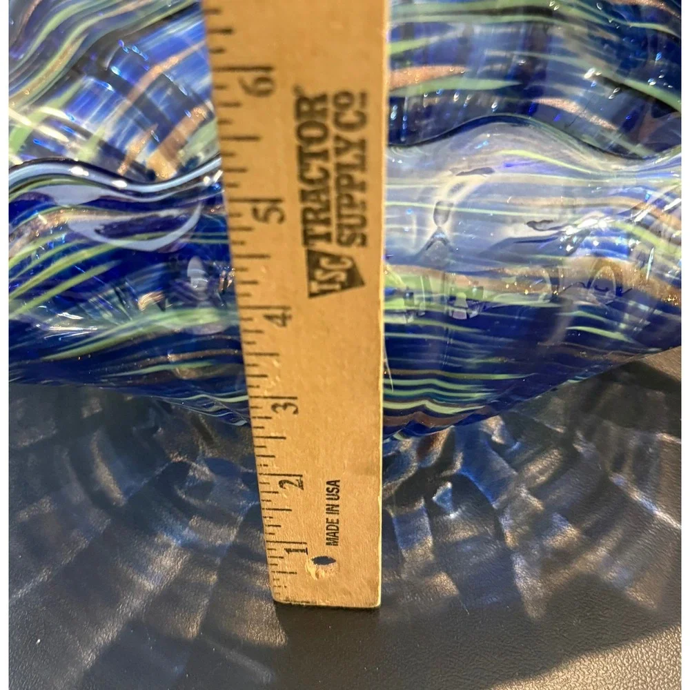 Art Glass Conch Shell Bowl Blue Green Gold Aventurine Swirl Murano Style 13